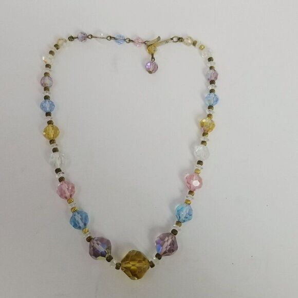 Vintage Colorful Glass Beaded Necklace, Pastel Rainbow Faceted Beads, 14 Inches - Picture 2 of 8